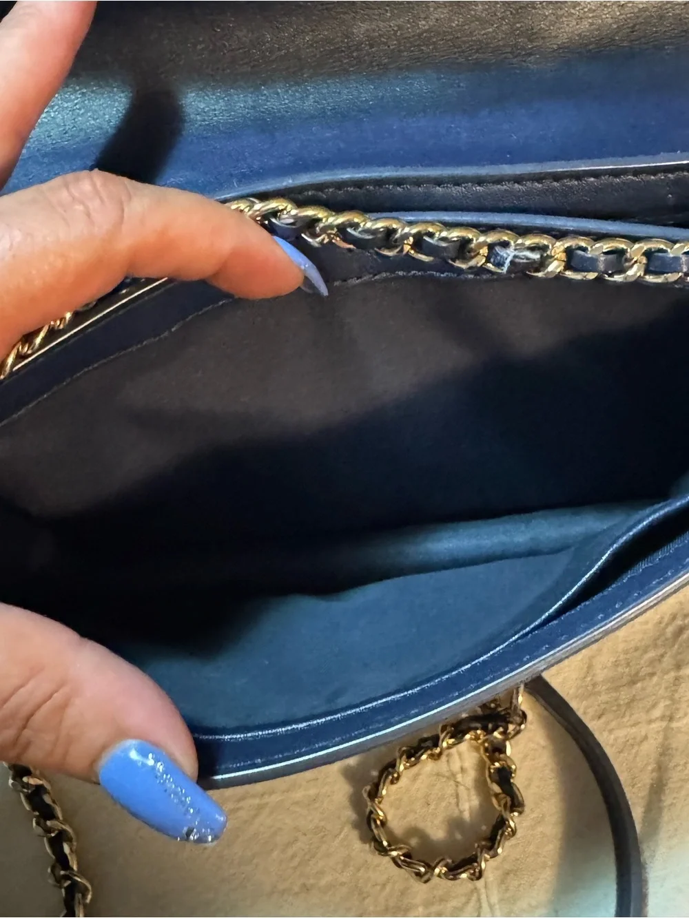 Tory Burch navy blue Floral Embroidered Crossbody with Gold Chain